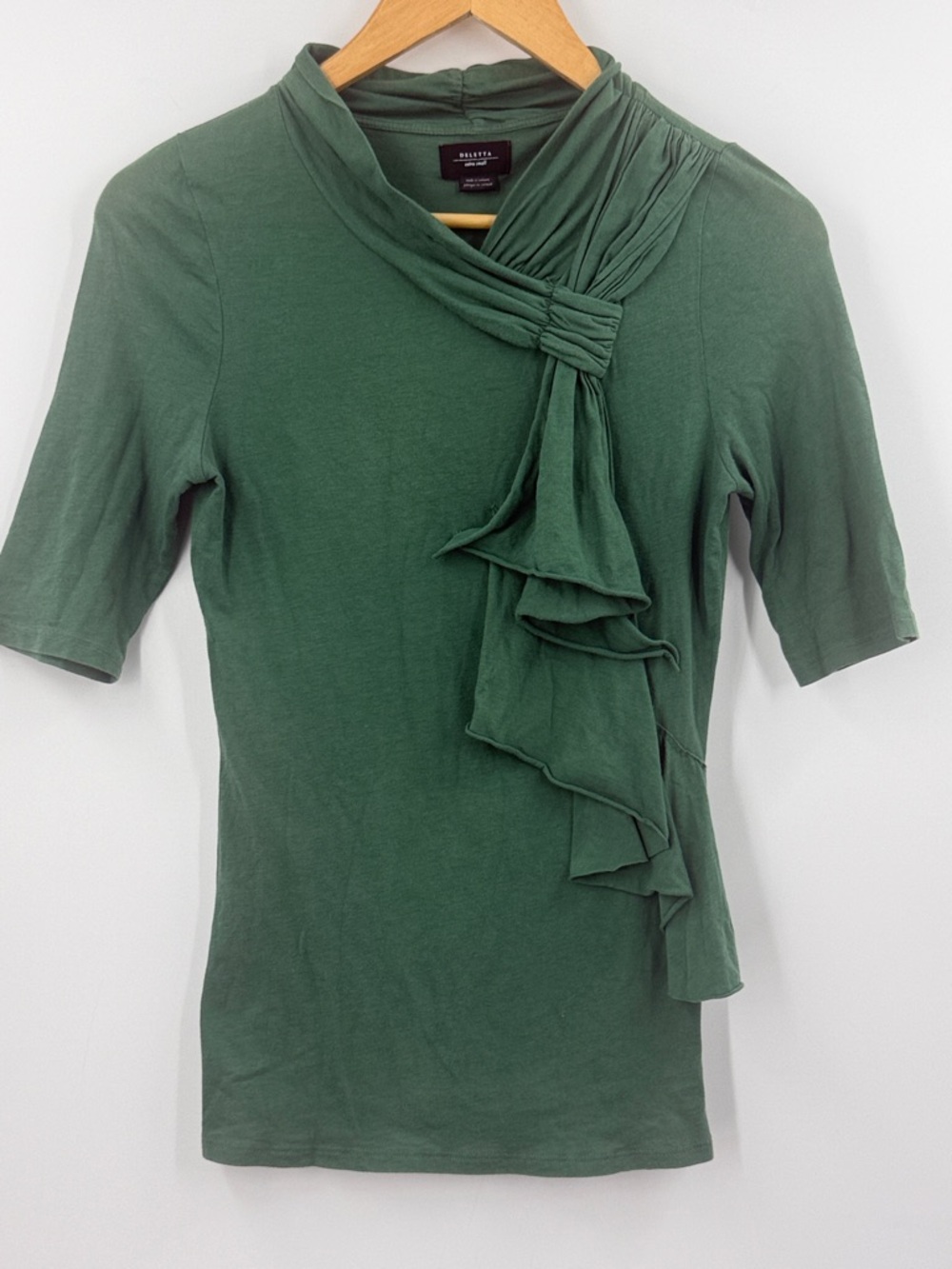 Anthropology Deletta knit top olive green asymmetrical tie knot ruffle